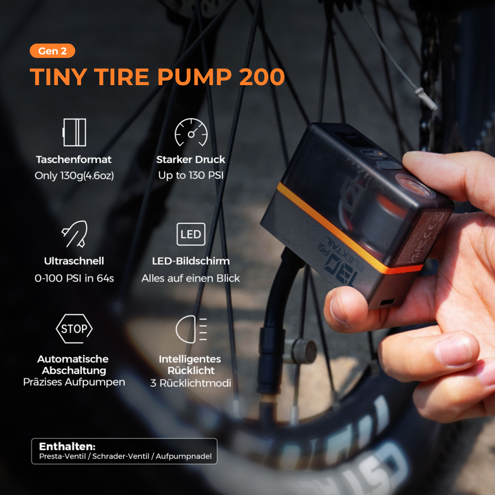TINY TIRE PUMP 200 - 130PSI Mini-Elektropumpe mit Manometer und stylischem Rücklicht