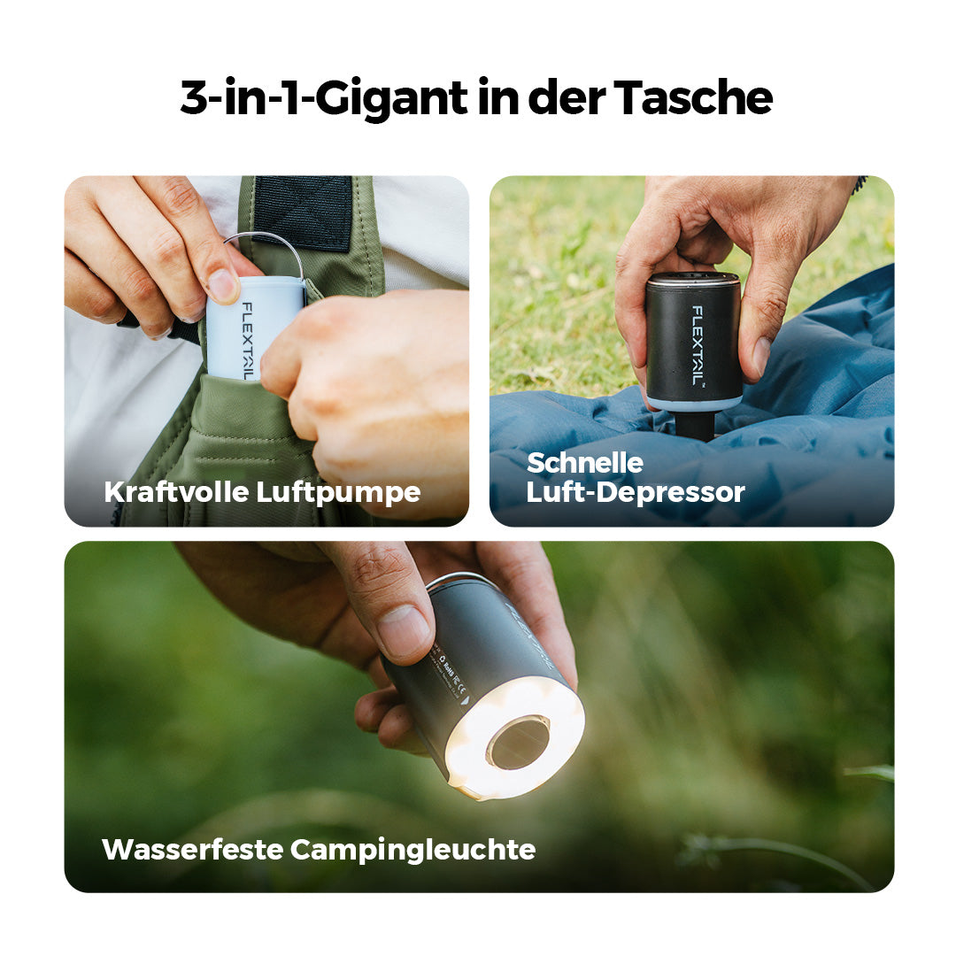 TINY PUMP 2X - Ultimative 3-in-1-Outdoor Pumpe mit Campinglampe